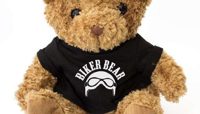 Bear wearing a biker shirt